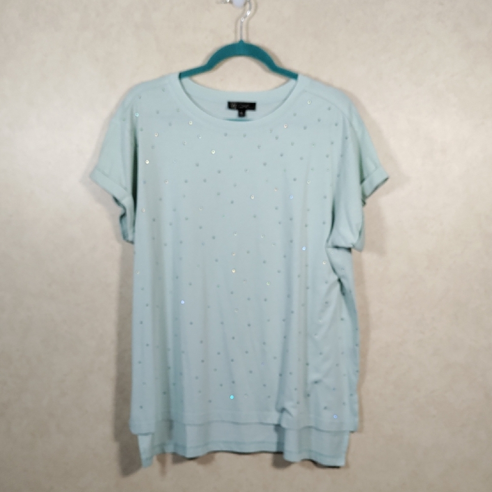 7190 Diane Gilman lt green w/iridescent crystals S/S tee XL NEW
